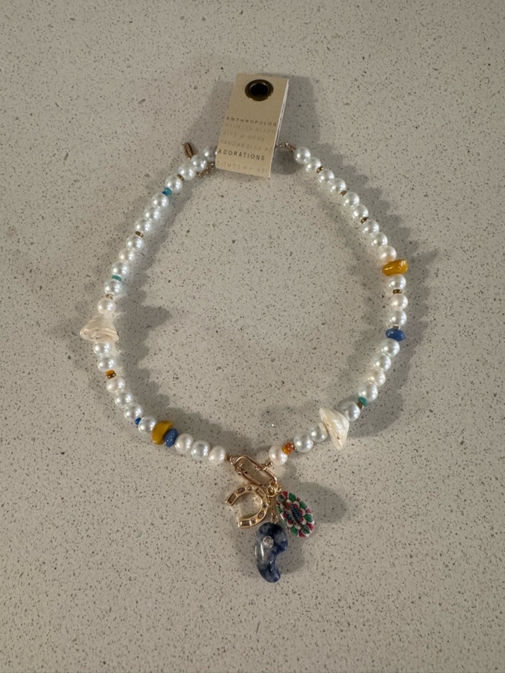 Anthropologie Pearl Beaded Charm Necklace - White with Multicolor Accents